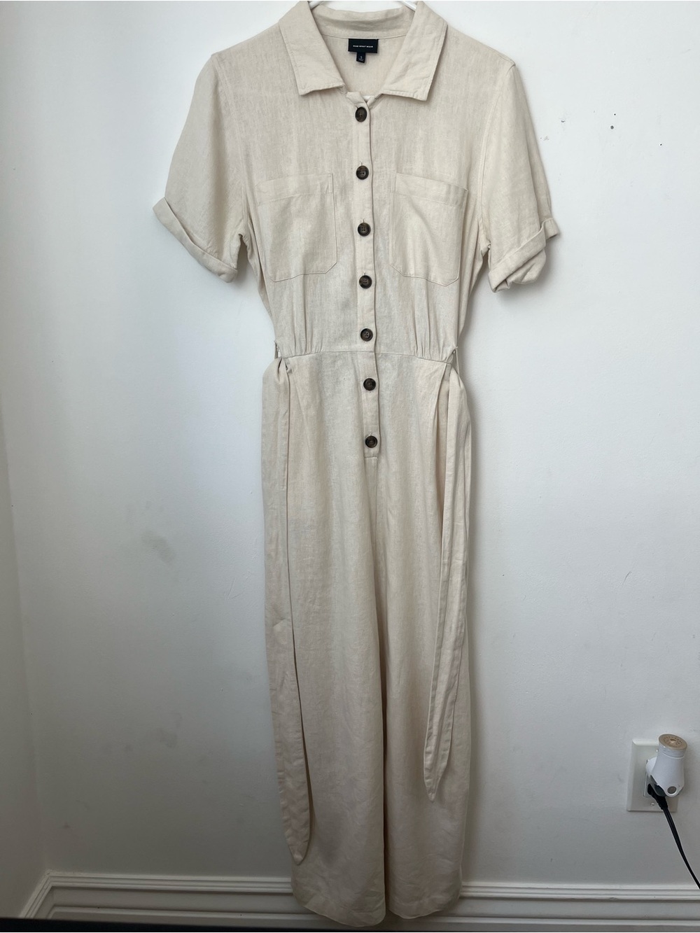 Who What Wear Button-Front Beige Shirt Dress with Tie Waist